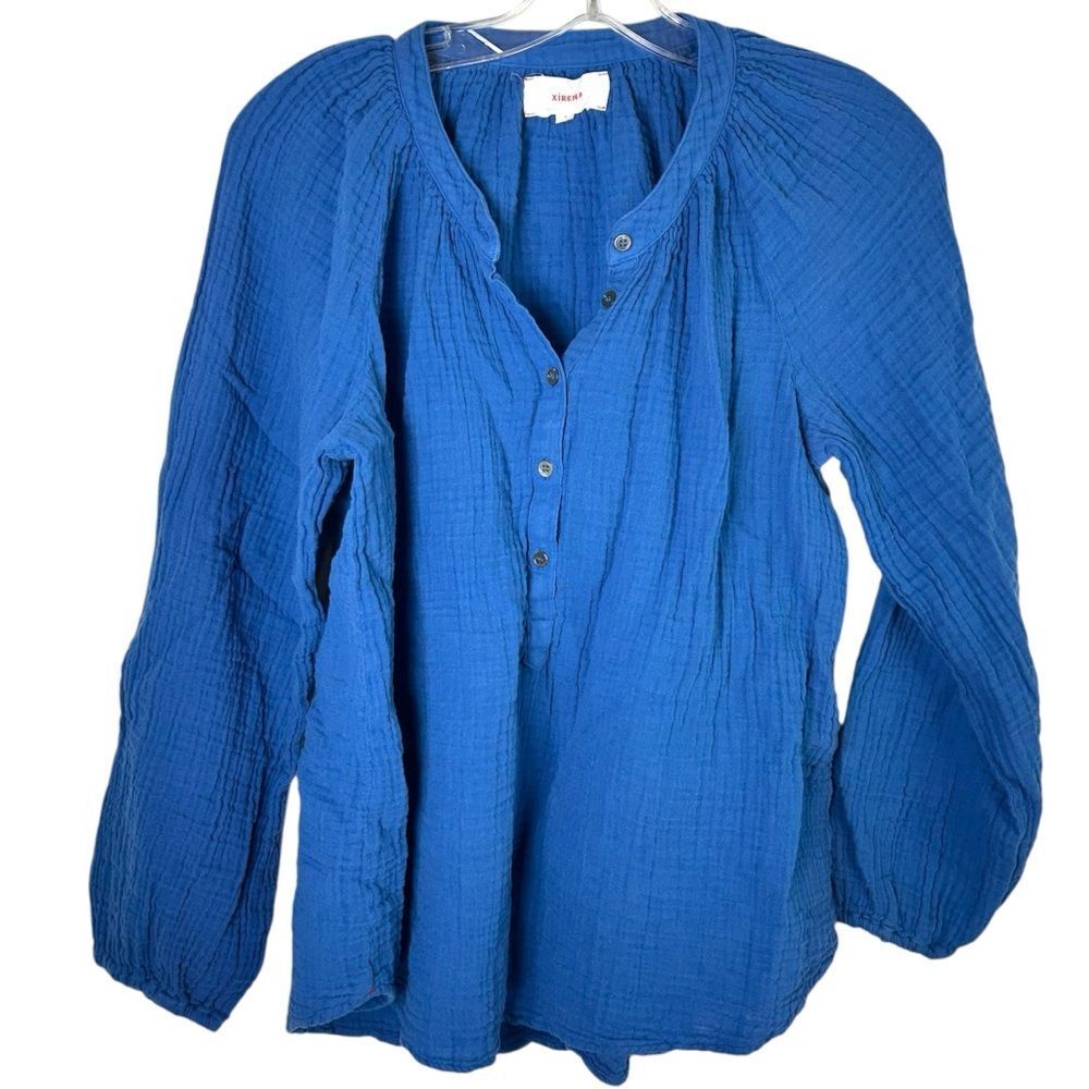 Xirena womans blouse small blue tunic crepe gauze casual boho lagonlook